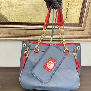 MKF Collection Blue Red Chain Shoulder Bag with Matching Wristlet